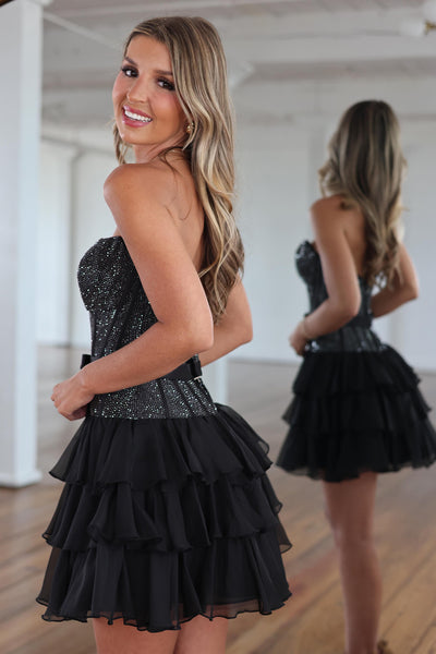 A Line Strapless Black Hot Fix Satin Homecoming Dress AB26063009