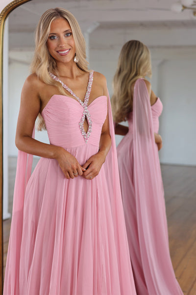 A Line V Neck Blush Pink Chiffon Long Prom Dress with Beading AB26102104