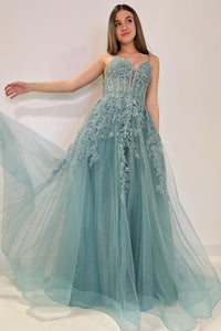 Charming Mermaid V Neck Dusty Green Tulle Long Prom Dress with Appliques AB112805