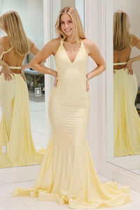 Elegant Mermaid V Neck Daffodial Elastic Satin Long Prom Dress AB25010404