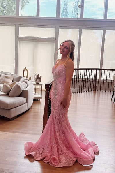 Mermaid Sweetheart Pink Lace Prom Dress with Hot Beading AB26060916