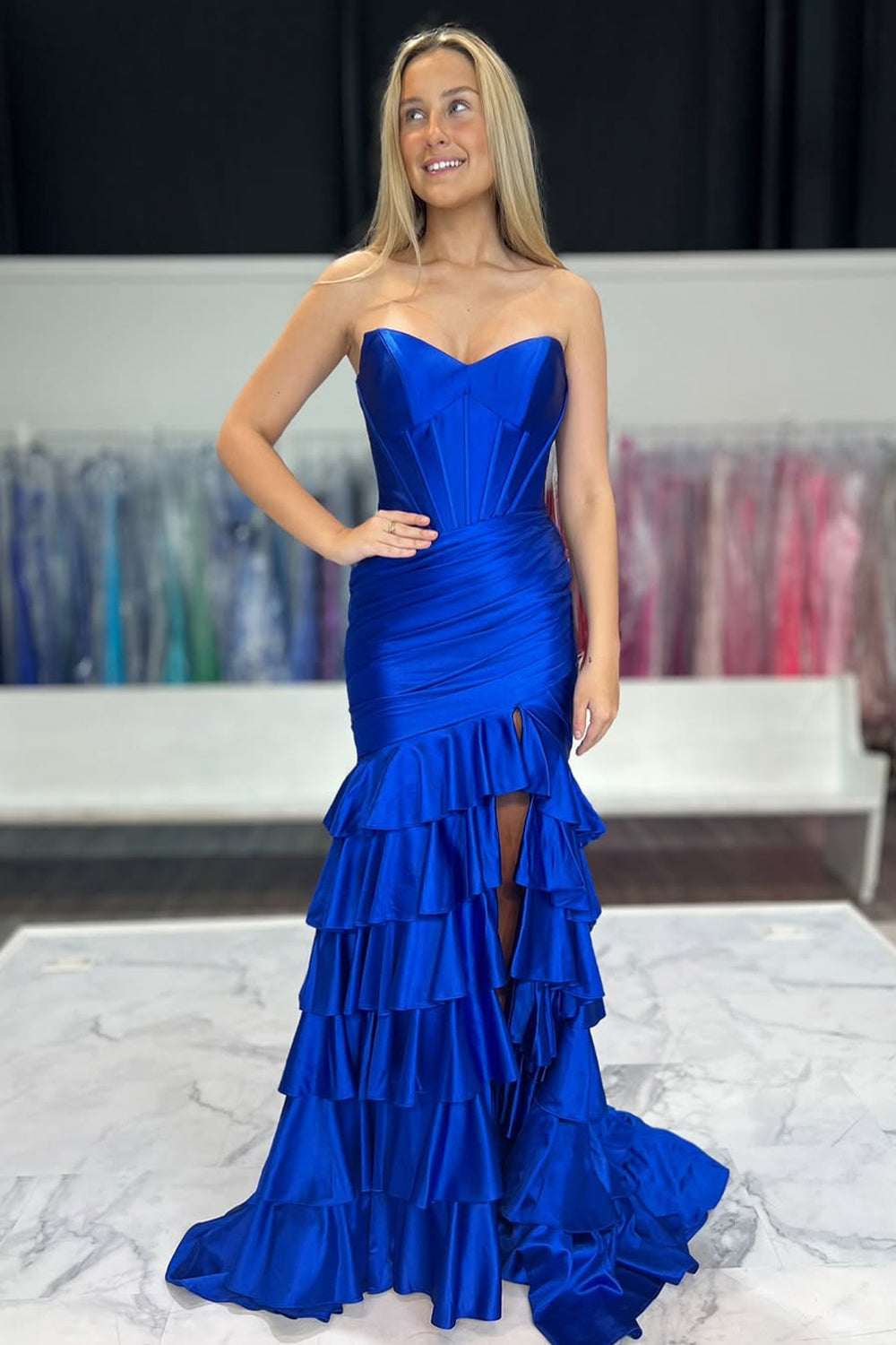 Mermaid Strapless Royal Blue Satin Ruffle Tiered Long Prom Dresses with Slit AB25032103