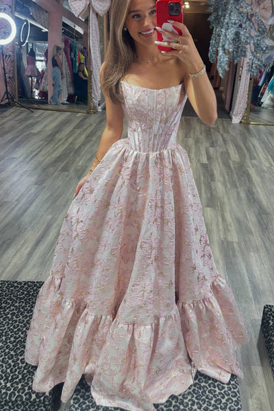 Cute A Line Scoop Neck Pink Jacquard Satin Prom Dress AB26102504