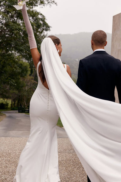 Elegant Mermaid Boat Neck Satin Wedding Dress AB26060811