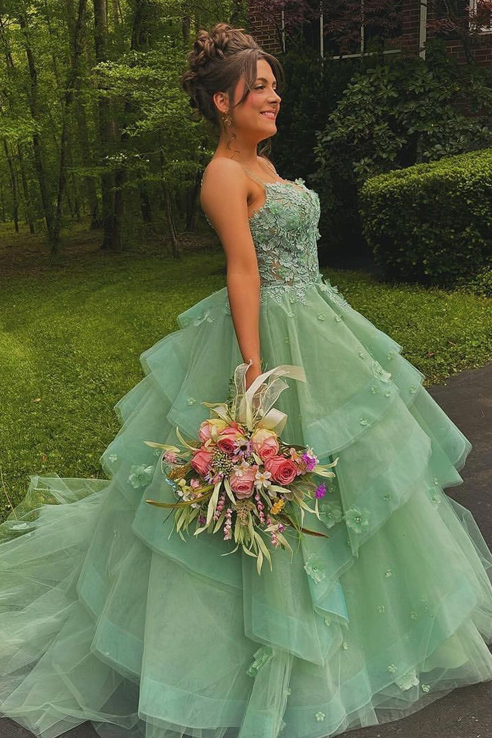 Fairy A Line Sweetheart Sage Green Tulle Long Prom Dresses with Appliques  AB24101109 – Anniebride