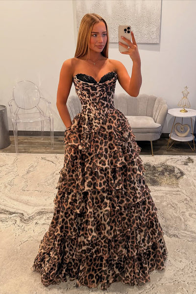 Sweetheart Ball Gown Leopard Print Tiered Prom Dress with Appliques AB25112503