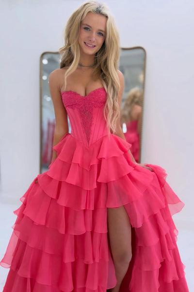 Cute A Line Sweetheart Navy Tiered Chiffon Prom Dress with Slit AB26012406