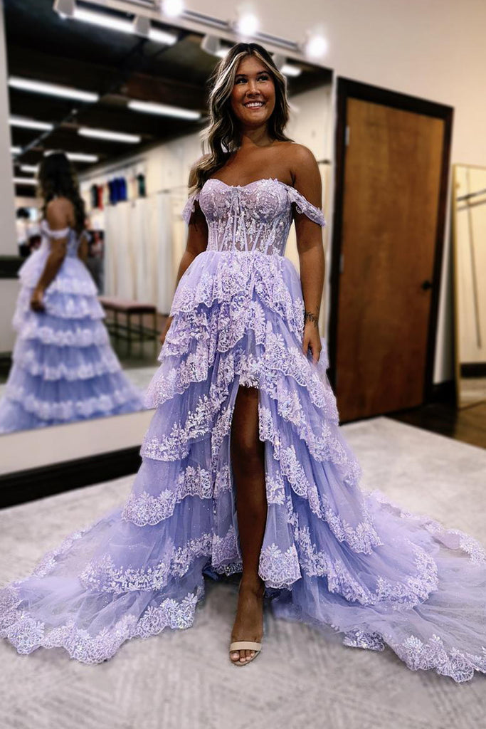 Cute A Line Off the Shoulder Dusty Blue Tiered Tulle Prom Dress with Slit Anniebride Cute A Line Off the Shoulder Dusty Blue Tiered Tulle Prom Dress with Slit Anniebride