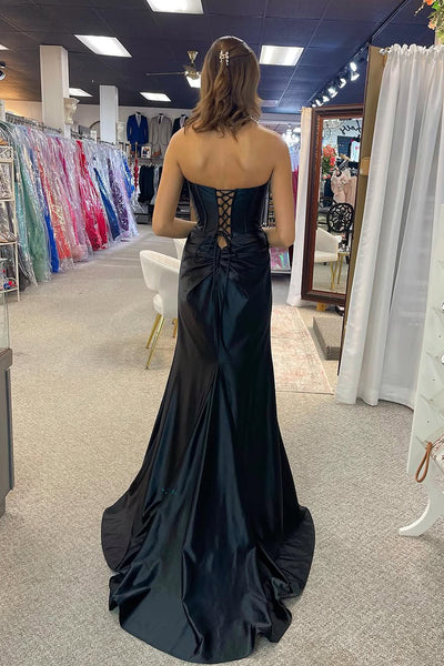 Elegant Mermaid Sweetheart Black Satin Prom Dress with Slit AB25010302