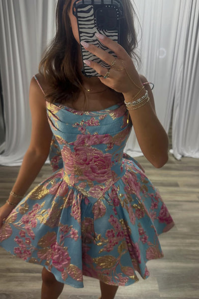 Cute A Line Spaghetti Straps Jacquard Satin Homecoming Dress AB26062813
