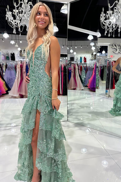 Gorgeous Sheath V Neck Sage Green Prom Dress with Appliques AB24120904