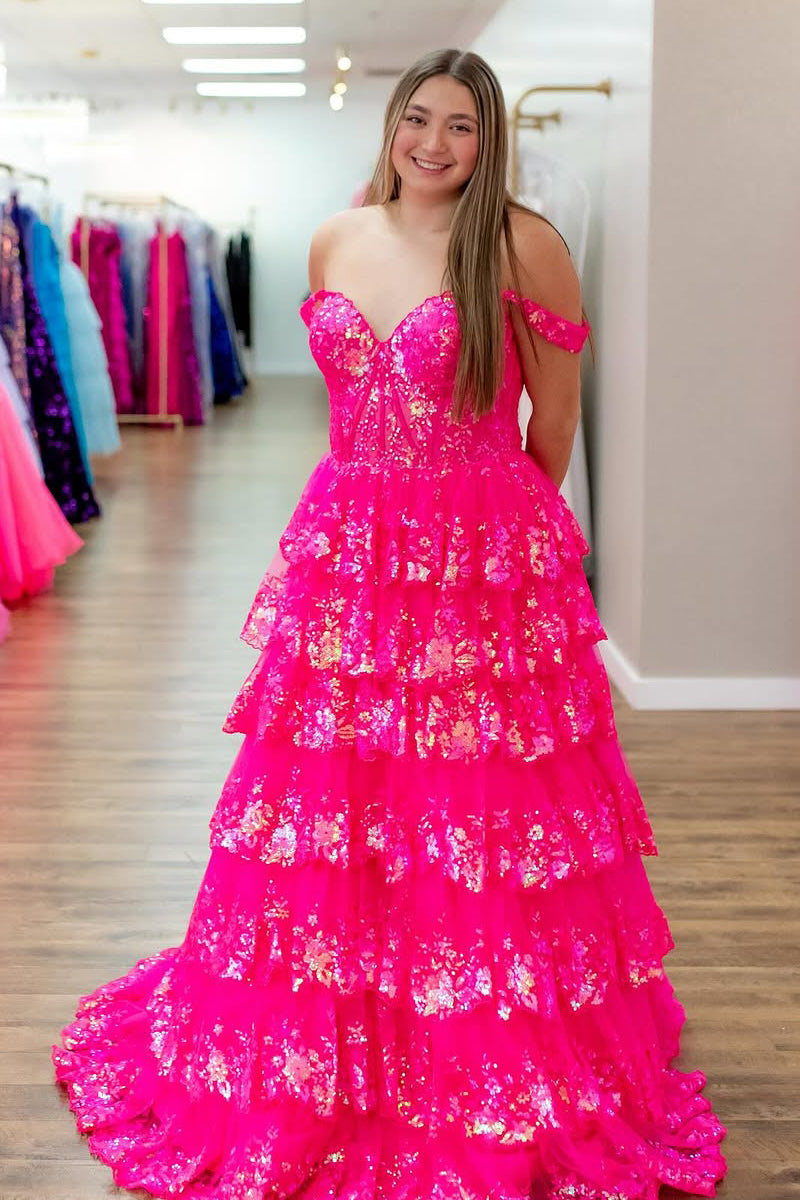 Ball Gown Off the Shoulder Hot Pink Sequins Long Prom Dress AB25010606