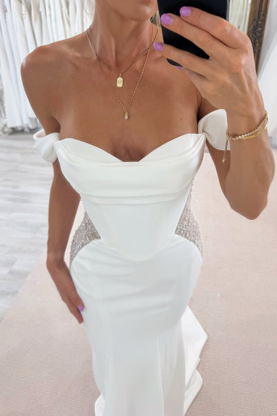 Fashion Mermaid Off the Shoulder Satin White Wedding Dress with Beading AB25092502