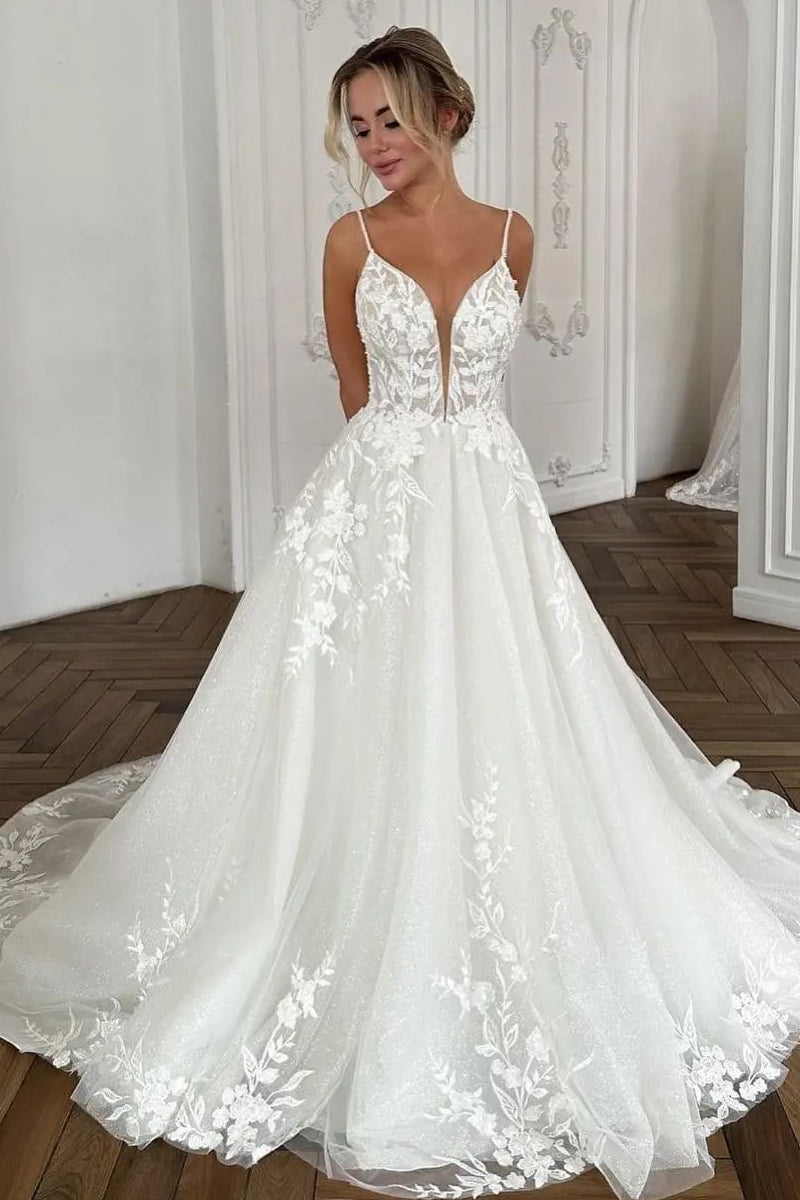 Fairy A Line V Neck Sparkly Tulle Long Wedding Dresses with Appliques ABWD061815