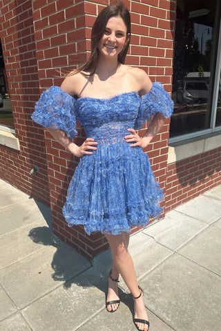 Cute A Line Strapless Tulle Short Homecoming Dresses with Ruffled Sleeves ABHC061853