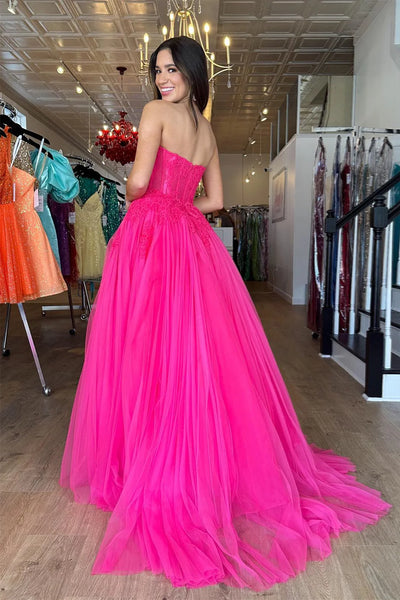 A Line Sweetheart Pink Tulle Prom Dresses with Appliques AB24122618