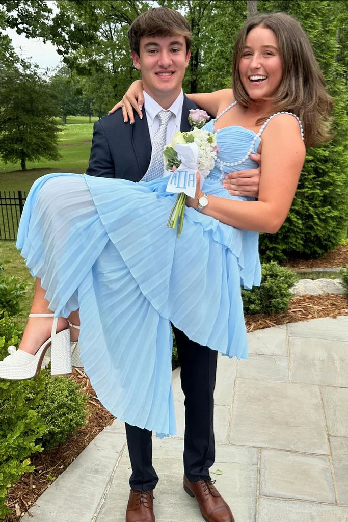 Cute A Line Sweetheart Light Blue Pleat Chiffon Long Prom Dress with Pearls Beading AB24122608 Anniebride Cute A Line Sweetheart Light Blue Pleat Chiffon Long Prom Dress with Pearls Beading AB24122608 Anniebride
