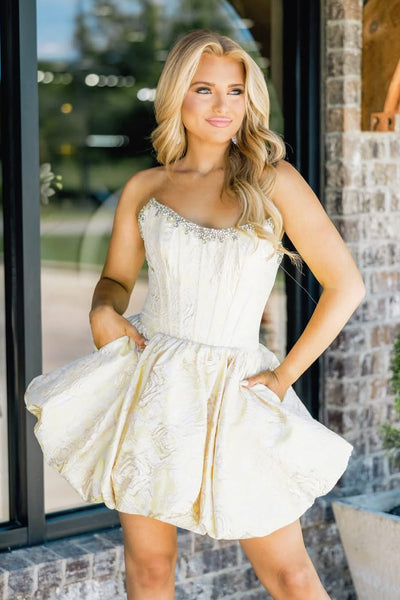 Sweet A Line Strapless Jacquard Satin Homecoming Dress with Pockets AB26062806