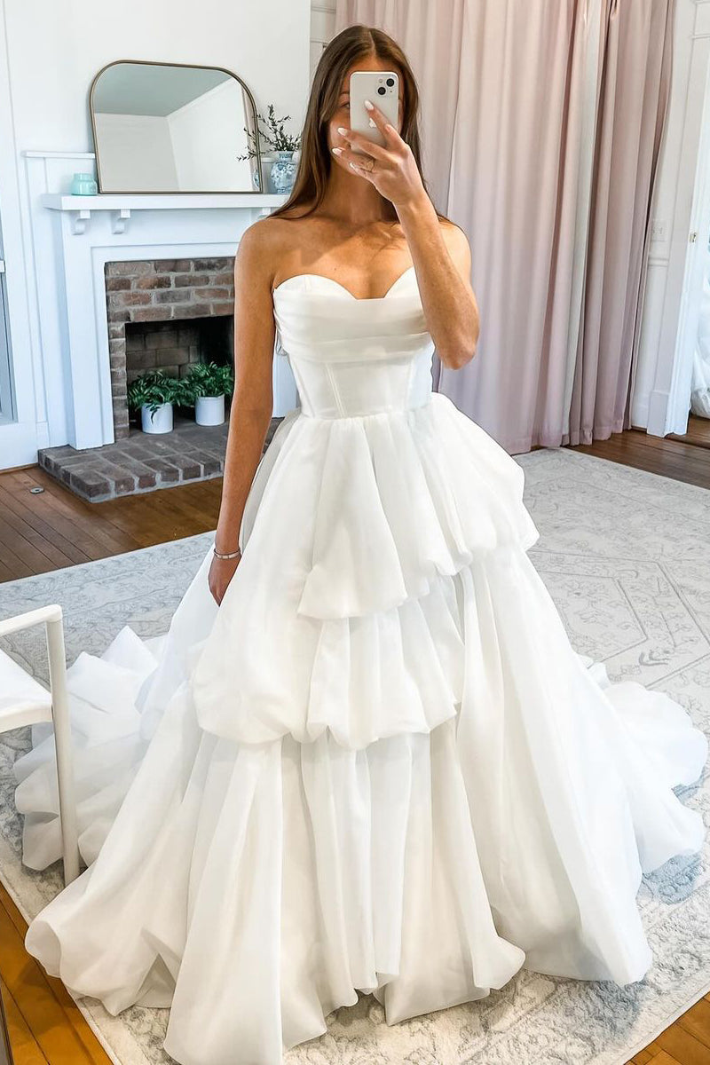 A-Line Strapless Tiered Wedding Dresses with Train AB4052901 A-Line Strapless Tiered Wedding Dresses with Train AB4052901