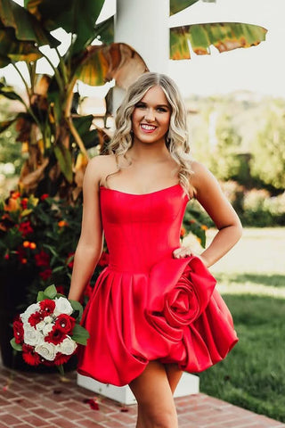 Cute A Line Scoop Neck Red Satin Short Homecoming Dress with Handmade Flowers AB25100707