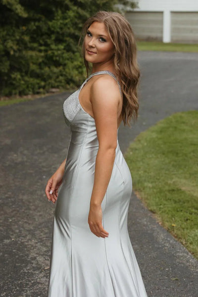 Charming Mermaid Key Hole Neck Silver Satin Prom Dresses with Beading AB24110218