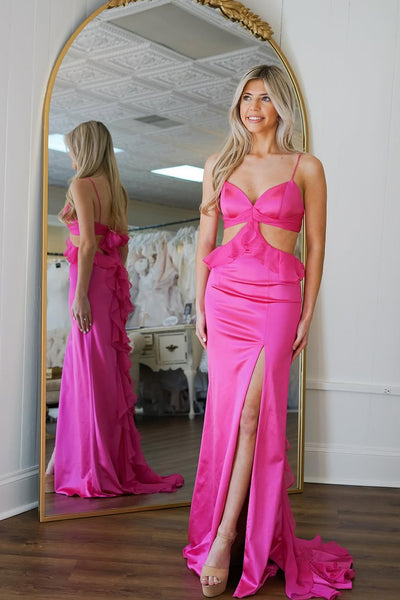 Cute Mermaid Sweetheart Fuchsia Satin Prom Dress with Slit AB25012707
