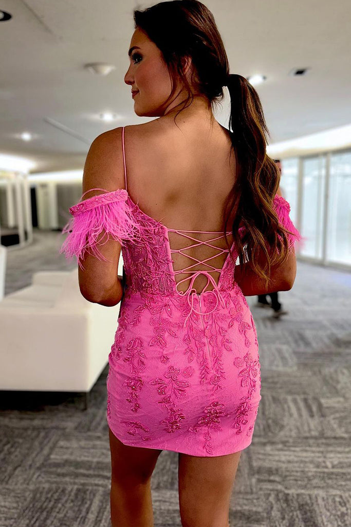 Cute Bodycon Off the Shoulder Hot Pink Lace Homecoming Dresses AB072903 Anniebride Cute Bodycon Off the Shoulder Hot Pink Lace Homecoming Dresses AB072903 Anniebride