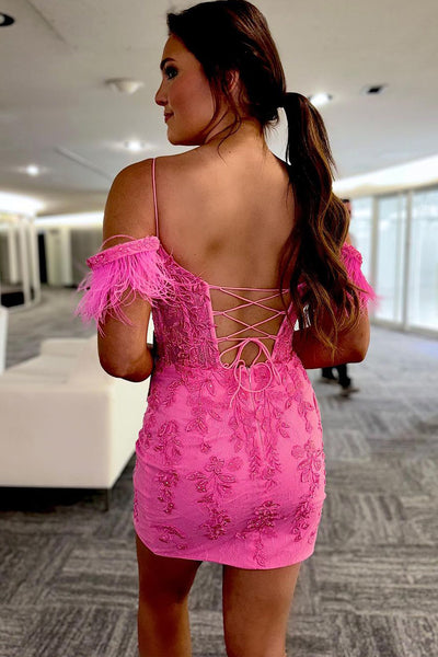 Cute Bodycon Off the Shoulder Hot Pink Lace Homecoming Dresses AB072903