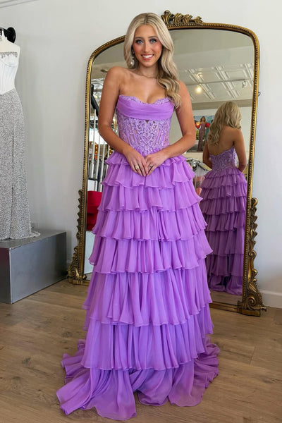 Stunning A Line Sweetheart Purple Chiffon Tiered Prom Dress with Slit AB26032602