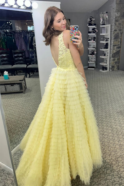 Cute A Line V Neck Daffodil Tulle Long Prom Dress with Slit AB4012004