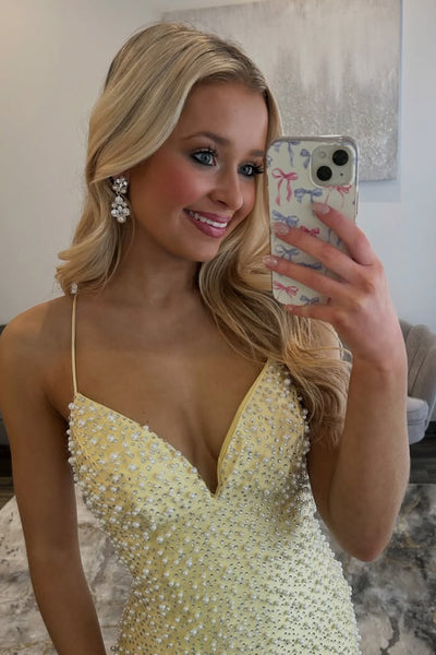 Gorgeoue Mermaid V Neck Daffodil Sequins Long Prom Dress with Beading AB26020316