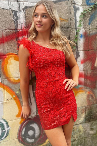 Cute Bodycon One Shoulder Red Sequins Short Homecoming Dresses with Appliques AB082602