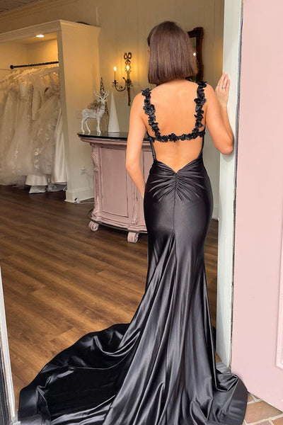 Charming Mermaid V Neck Black Satin Long Prom Dress with Slit AB112603