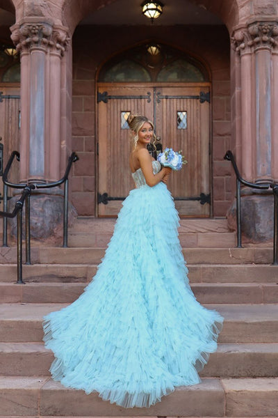 Gorgeous A Line Sweetheart Light Blue Tulle Prom Dress with Appliques AB25101005