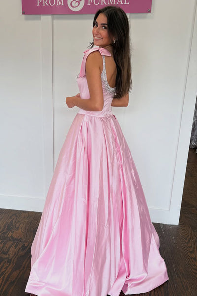 Cute Ball Gown Square Neck Pink Satin Prom Dress with Beading AB25101007