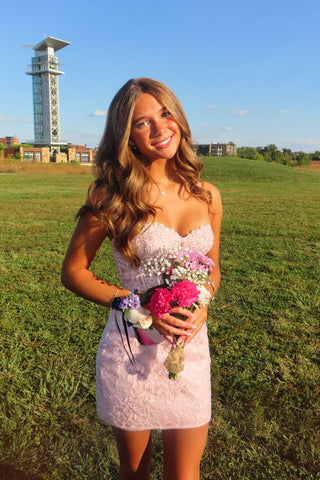 Cute Bodycon Sweetheart Pink Lace Short Homecoming Dress with Beading AB25092902