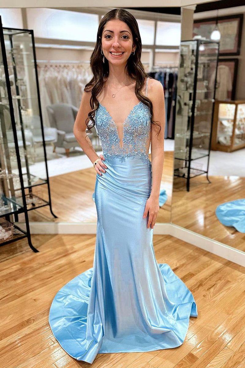 Cute Mermaid V Neck Light Blue Satin Long Prom Dress with Appliques AB4012305