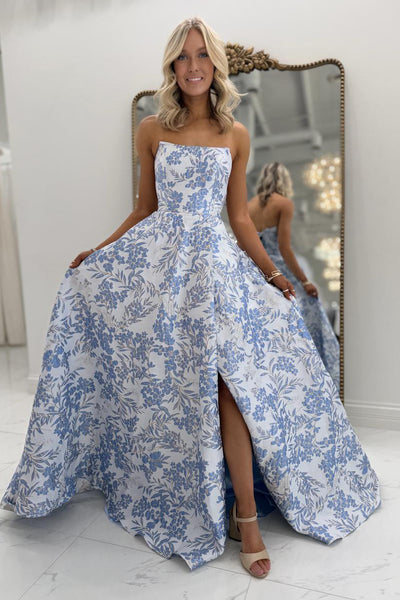 Charming A-Line Strapless Floral Jacquard Satin Prom Dress with Slit AB26020903