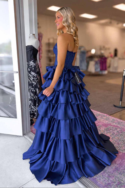 A Line Sweetheart Navy Satin Tiered Slit Prom Dress AB26102907