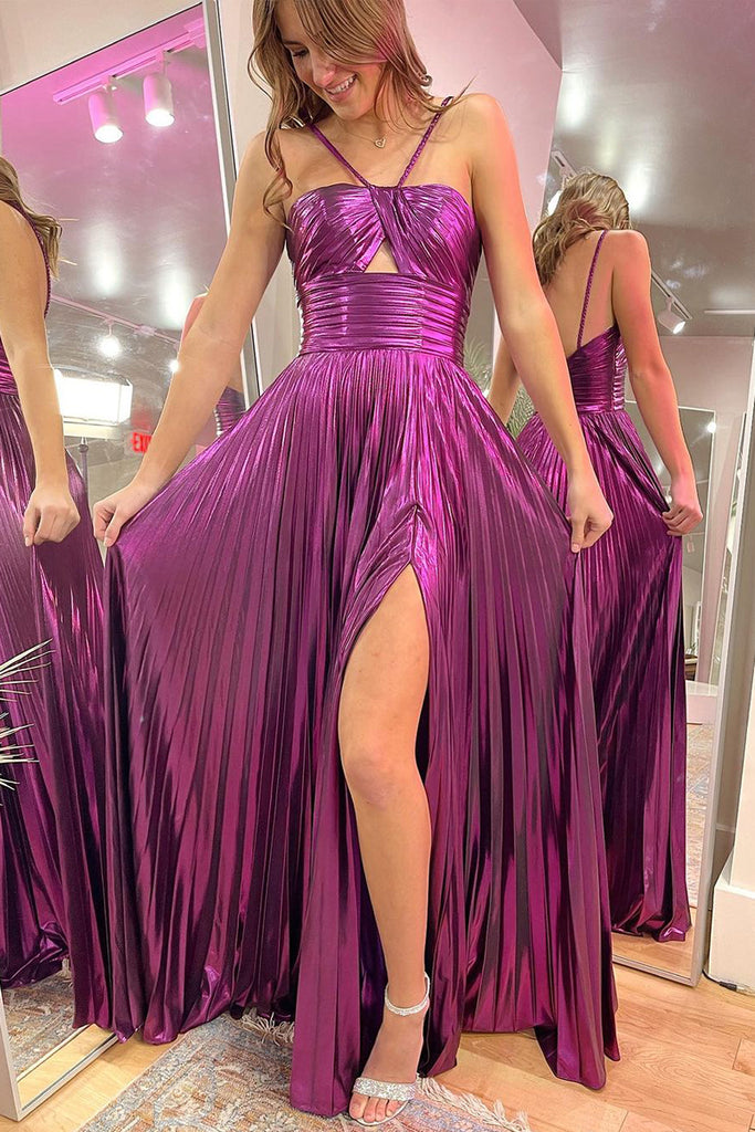 Cute A Line Straps Cutout Purple Sparkly Satin Prom Dress with Slit AB4011304 – Anniebride