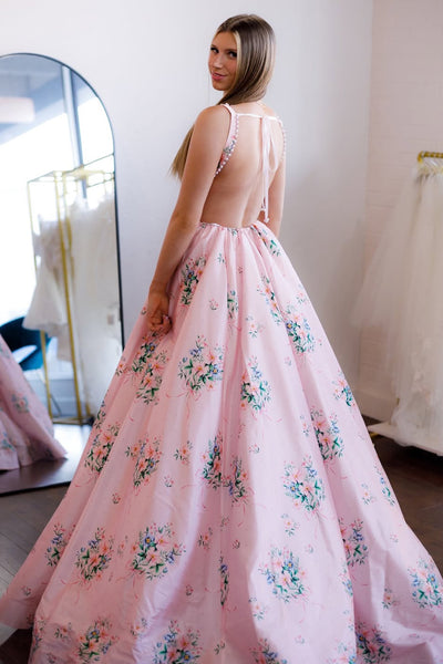 Cute A Line Square Neck Pink Floral Satin Prom Dress AB26032207
