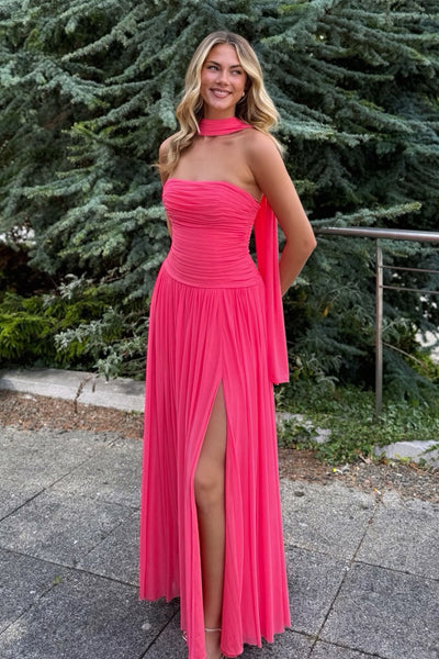 A Line Strapless Hot Pink Chiffon Long Prom Dresses AB26080602