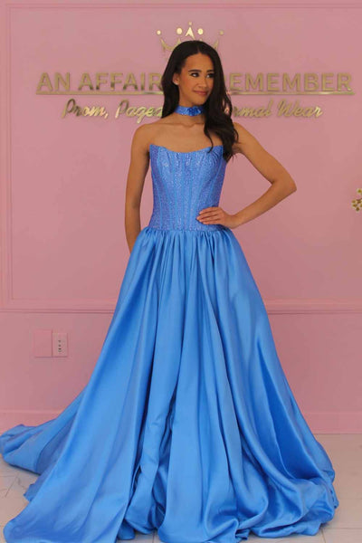 A Line Scoop Neck Blue Satin Prom Dress with Hot Fix AB26102913