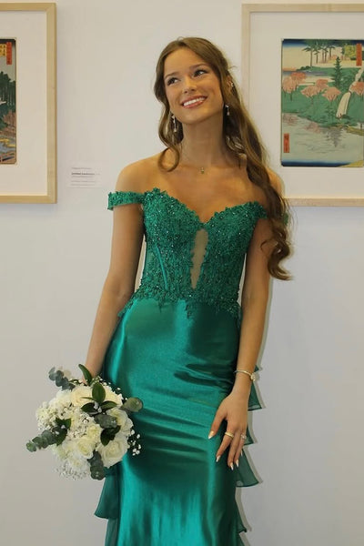 Cute Mermaid Off the Shoulder Green Satin Long Prom Dress with Ruffled Train AB25050211
