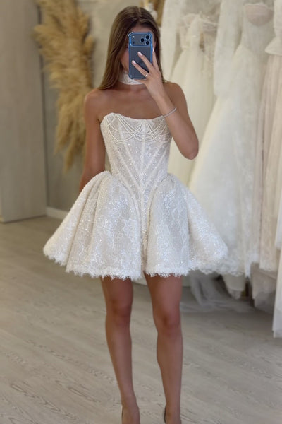 Boho A Line Scoop Neck Lace Short Wedding Dress with Beading AB26102708