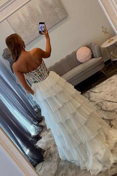 Gorgeous A Line Strapless White Tulle Prom Dress with Beading AB26032204