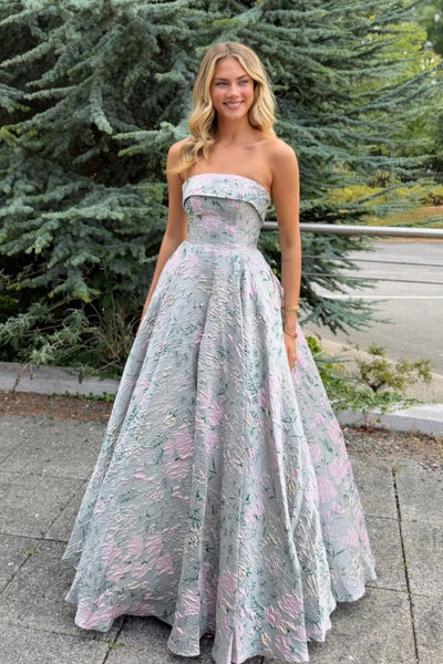 Cute A Line Jacquard Satin Long Prom Dress AB26102103