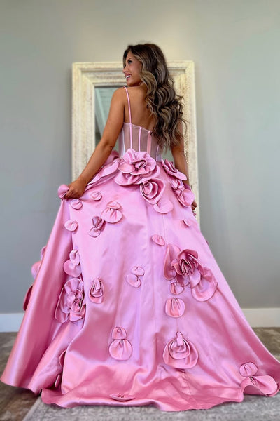 Gorgeous Ball Gown  Sweetheart Pink Satin Prom Dress with Handmade Flowers AB25022302