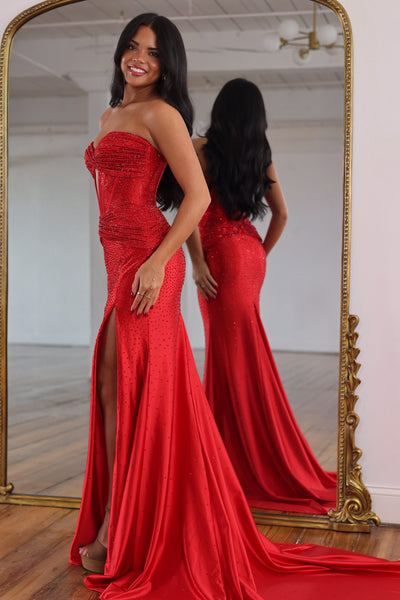 Sparkly Mermaid Sweetheart Red Hot Fix Satin Prom Dress with Slit AB26102105