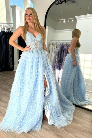 Attractive V Neck Light Blue Ruffle Tiered Tulle Long Prom Dress AB4051404